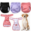 Calzoncillos sanitarios reutilizables a prueba de fugas para perros, mostrados en negro, púrpura y rosa con un perro.