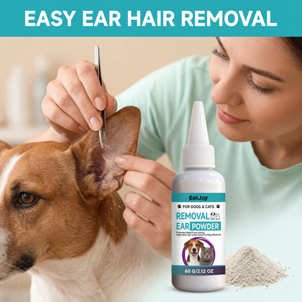 A woman is using EelJoy Removal Ear Powder to clean the ear of a dog.