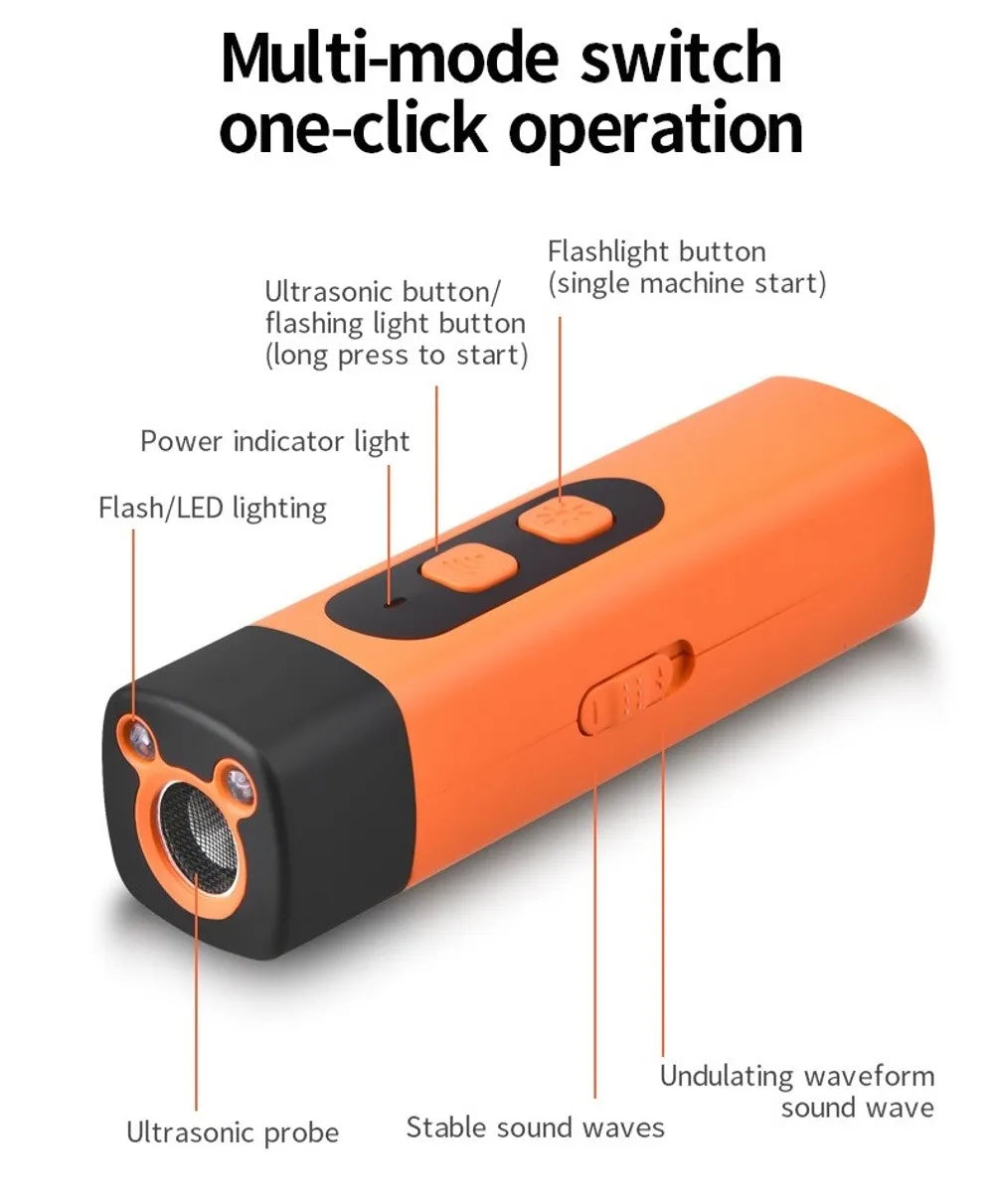 An orange multi-mode switch device with buttons and an ultrasonic probe for a dog bark deterrent trainer.