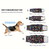Diagram showing how to measure a dog's waist circumference for sizing washable belly straps in small, medium, large, and extr