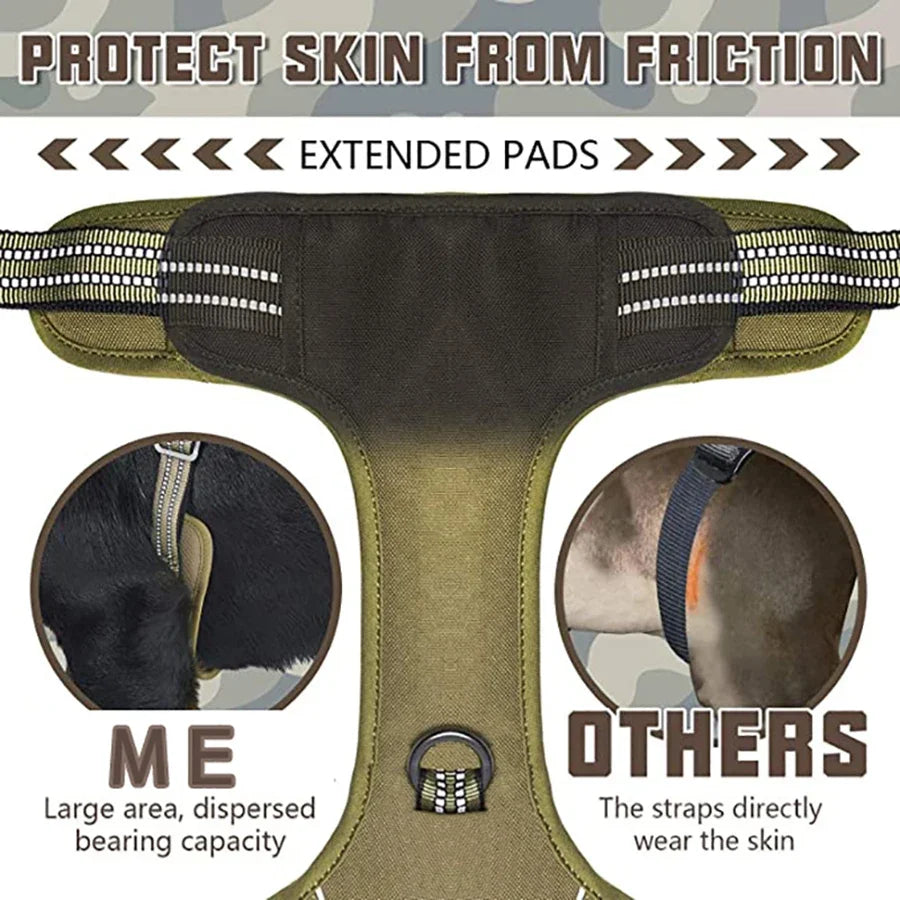 A tactical dog harness with extended pads is shown, featuring a large area and dispersed bearing capacity.