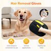 A golden retriever is shown next to a pair of black and yellow hair removal gloves for pet grooming.