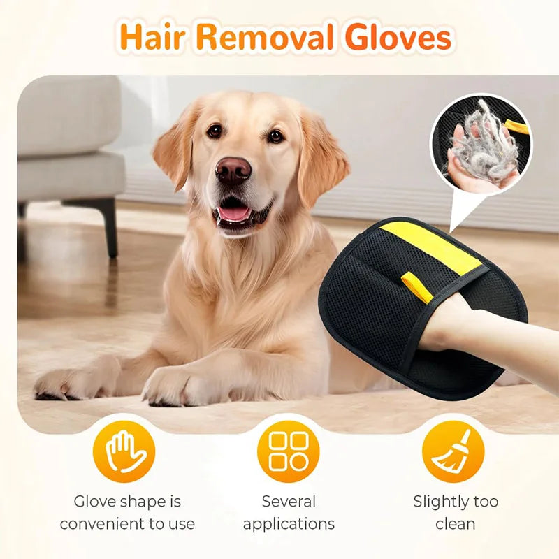 A golden retriever is shown next to a pair of black and yellow hair removal gloves for pet grooming.