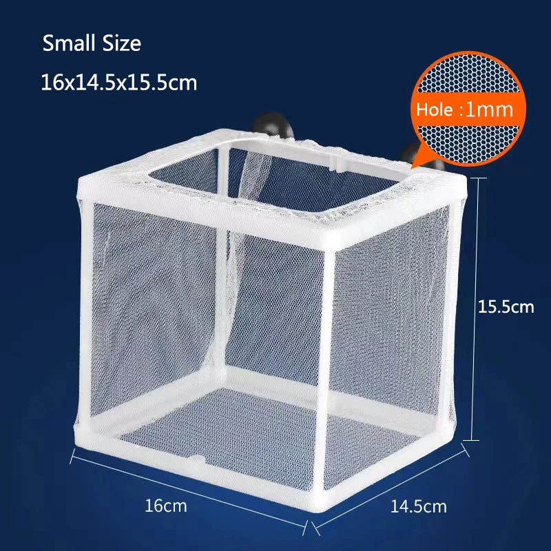 A small white mesh isolation box for aquarium fish breeding with suction cups, measuring 16x14.5x15.5 cm.
