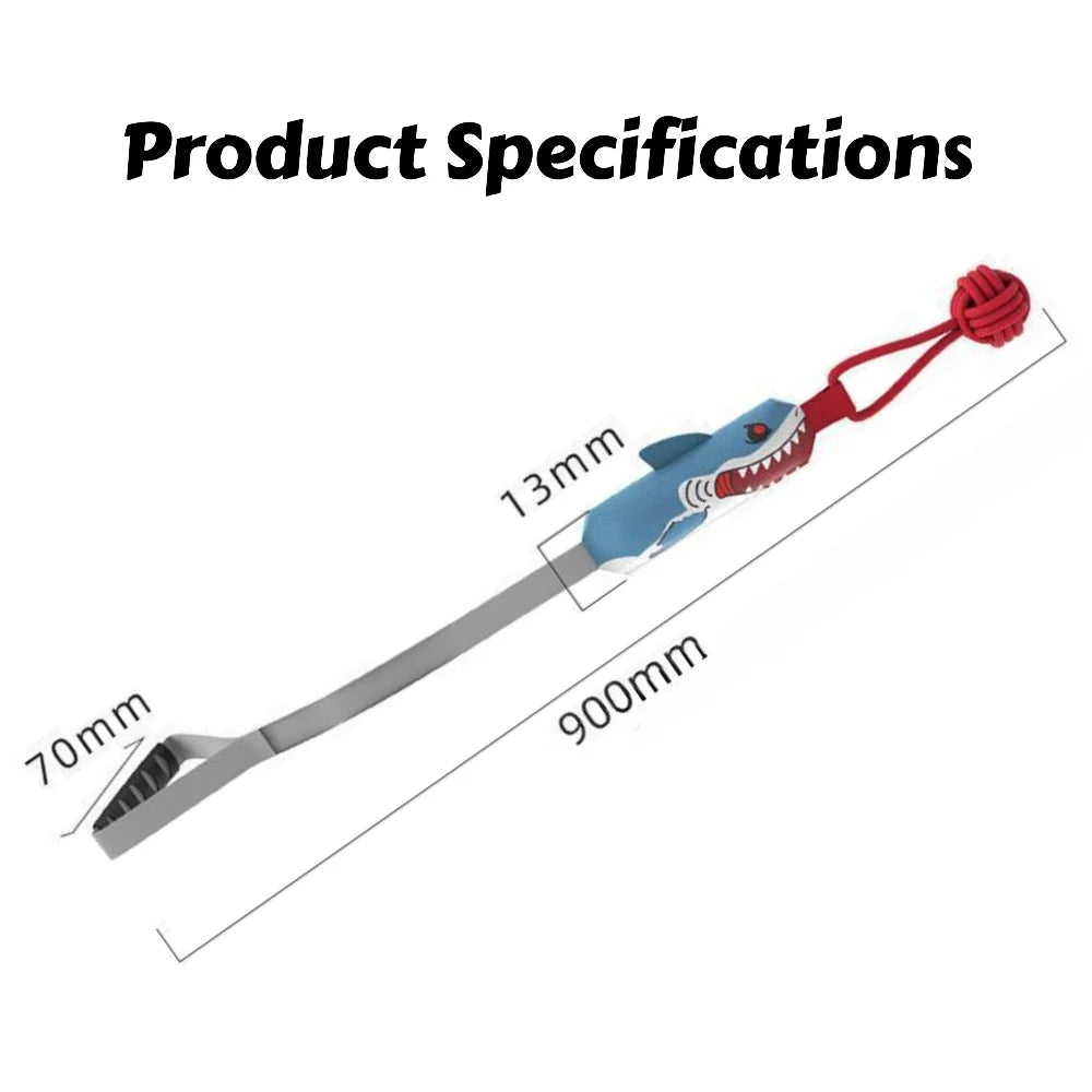 A long, blue and red dog tug-of-war rope toy with a handle and a knotted end.
