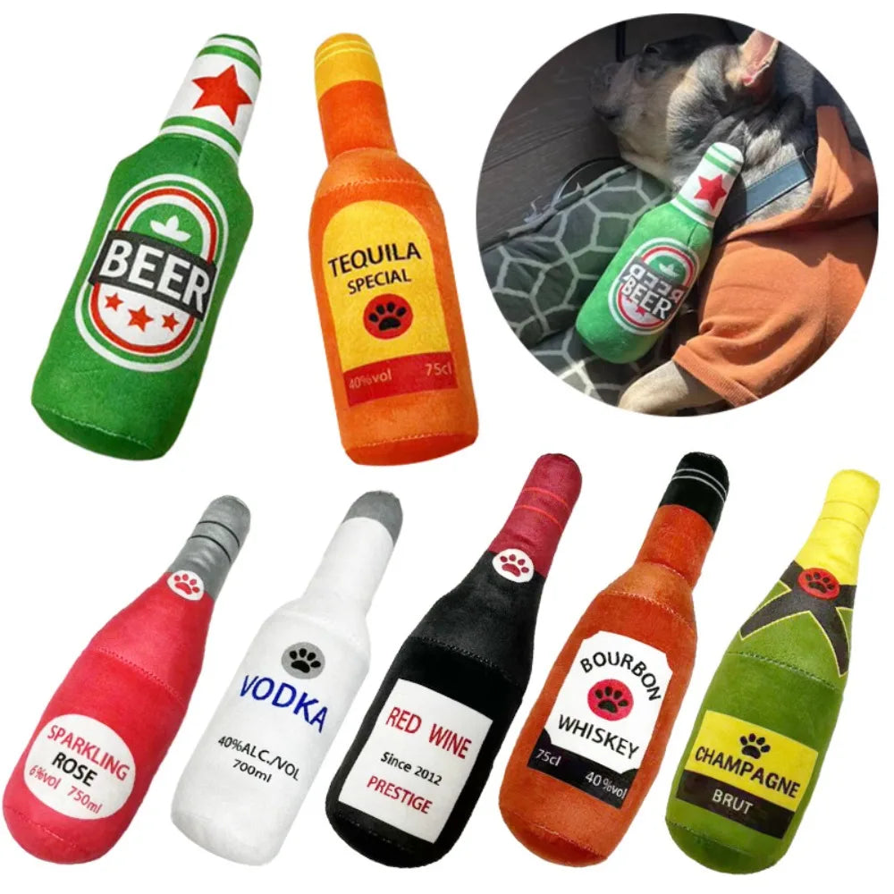 A collection of various bottle-shaped squeaky plush dog toys including beer tequila vodka red wine bourbon whiskey and champa
