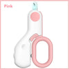 A pink interactive cat sounding toy with a light blue tip and a pink ring.
