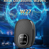 A black ultrasonic rodent repeller device is shown against a blue, futuristic background with text highlighting its features.