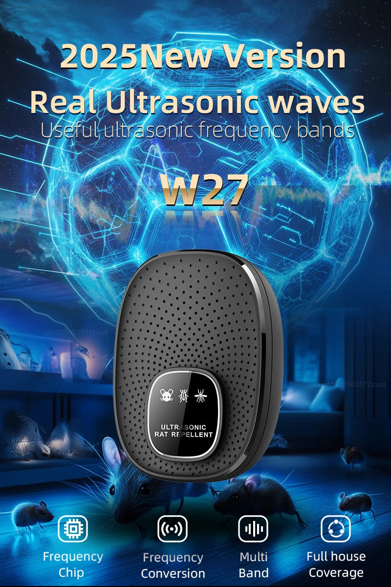 A black ultrasonic rodent repeller device is shown against a blue, futuristic background with text highlighting its features.
