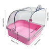 A clear pink external bird bath with a dome lid and a rectangular base, designed for cages and parakeets.