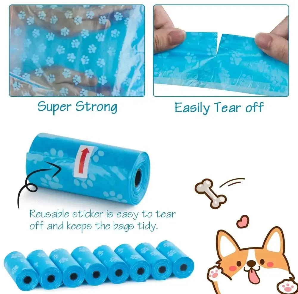 A roll of blue reusable pet poop bags with a leash clip and a small dog nearby.