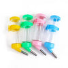 A set of colorful hanging drinker bottles for small pets, including yellow, green, pink, and blue versions.