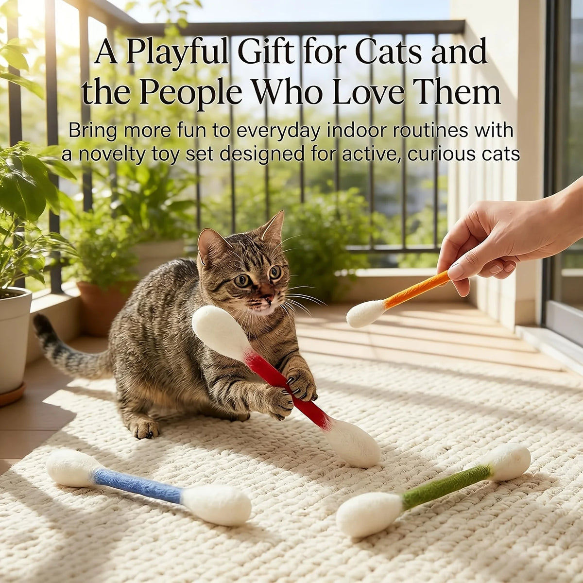 A set of colorful, fluffy cat toys and a wand designed for interactive play with cats.