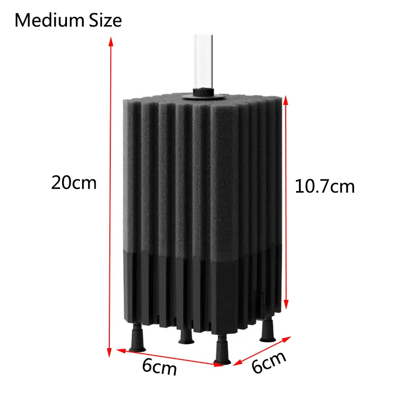 A black medium-sized aquarium bio sponge filter with a clear tube for an air pump connection.