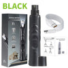 A black rechargeable pet nail grinder device shown with its packaging and accompanying manual.