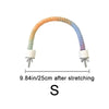 A curved, colorful bird rope perch stand made of braided material.