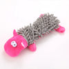 Pink plush squeaky donkey dog toy with gray textured fur and pink ears