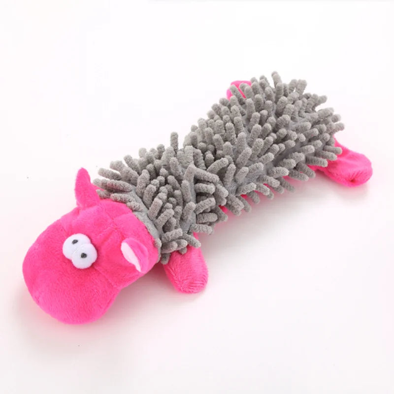 Pink plush toy with a grey, bristly, squeaky appendage for pets