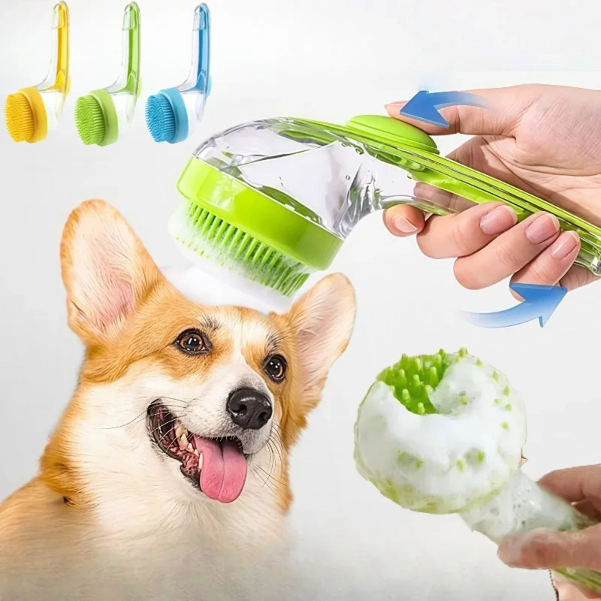 A dog looks at a hand holding a green silicone pet bathing brush with blue bristles.