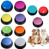 A collection of colorful recordable talking buttons for dog training, including blue, pink, cyan, red, purple, yellow, green,
