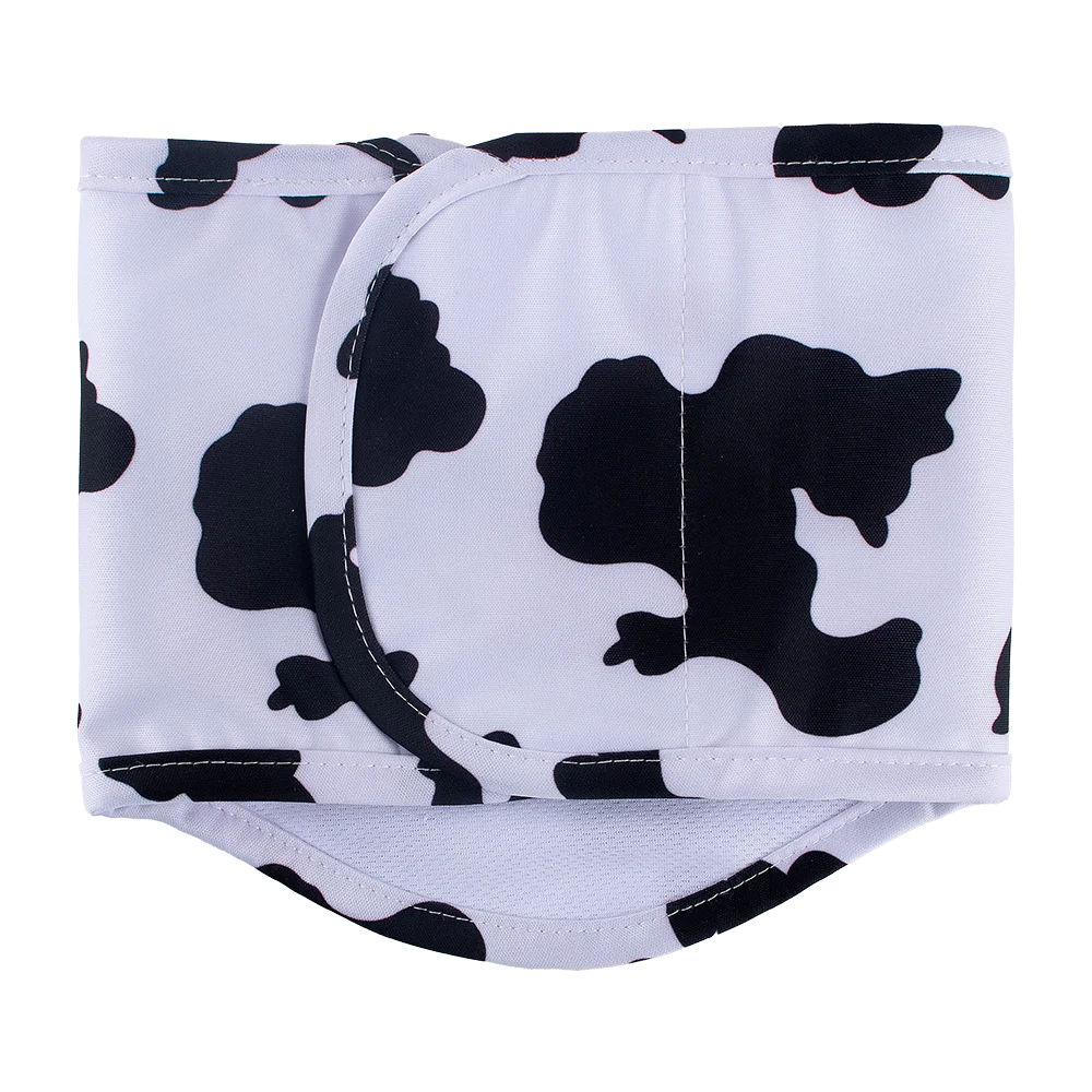 Reusable washable sanitary pants for male dogs featuring a black and white cow print design
