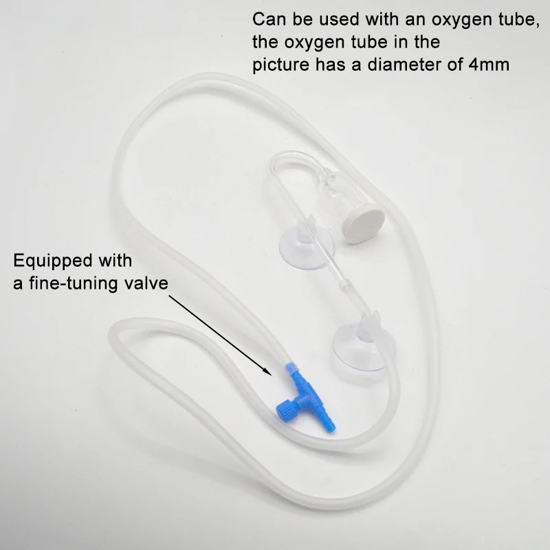 A clear tubing system for an aquarium CO2 diffuser equipped with a fine-tuning valve and suction cups.