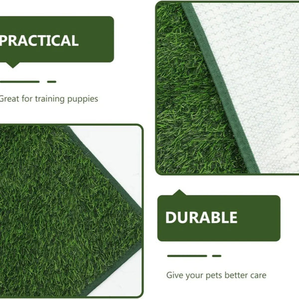 A green artificial grass mat used for training puppies and providing odor control.