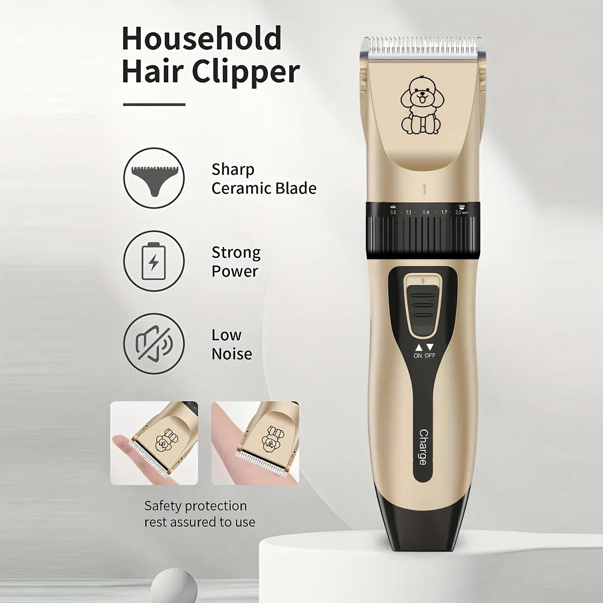 A beige household hair clipper with a protective guard is shown next to icons detailing its features like a sharp ceramic bla