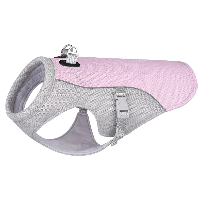 Pink and gray evaporative cooling dog vest with a reflective harness