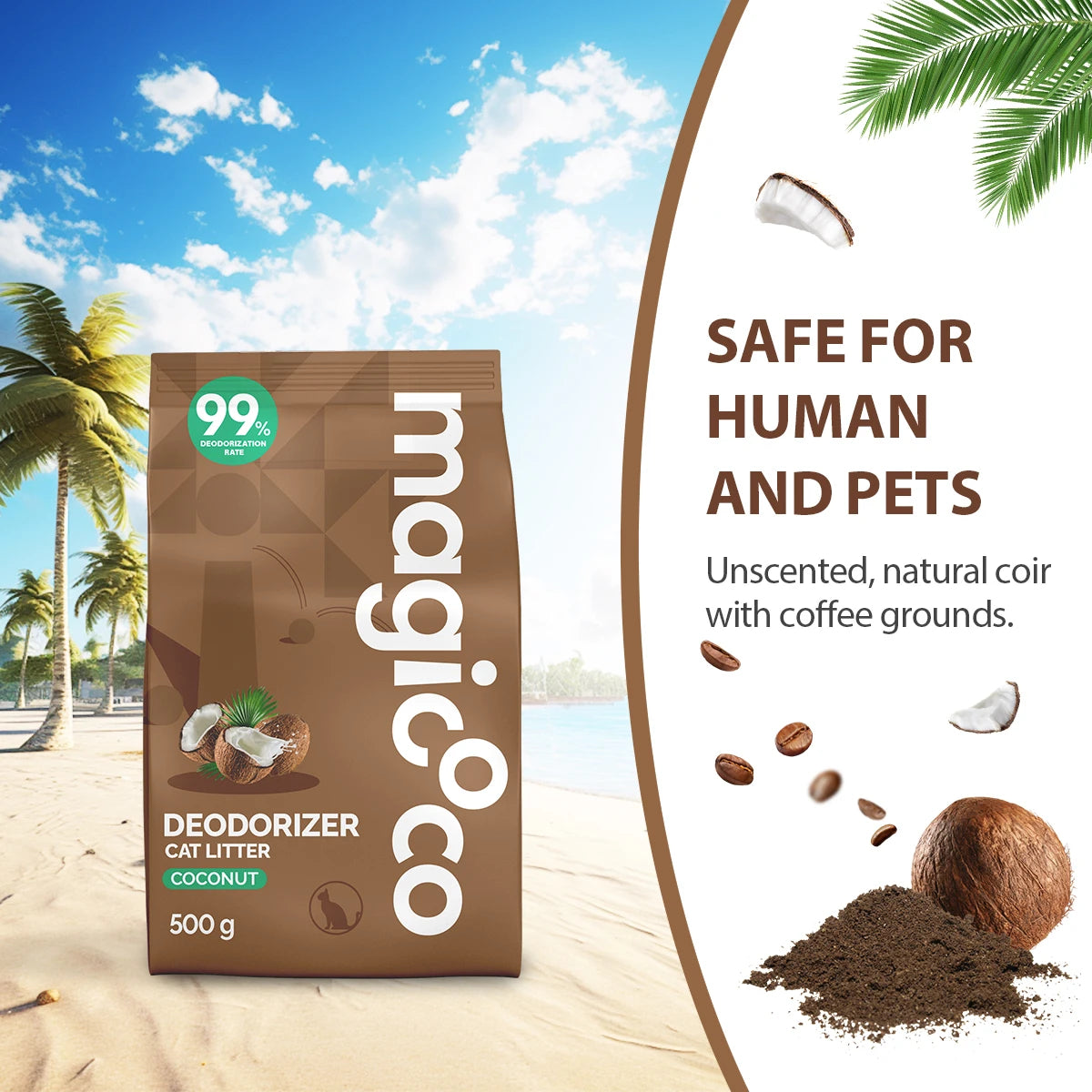 Bag of Magicco deodorizer cat litter powder with coconut grounds for safe use by humans and pets