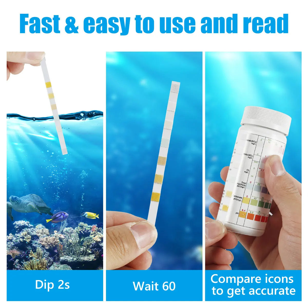 Tiras de prueba de calidad del agua del acuario mostrando iconos para probar, esperar y comparar.