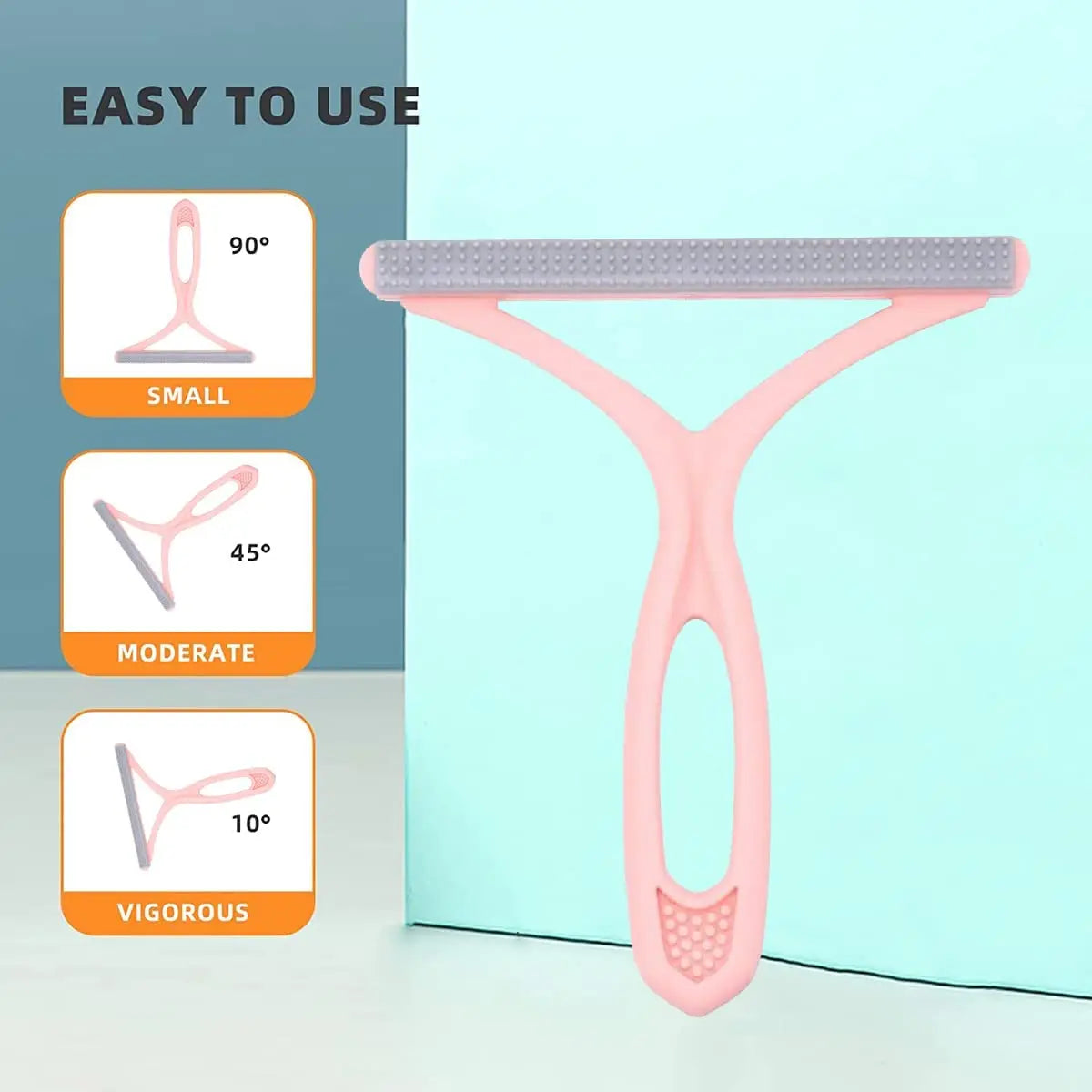 A pink silicone double-sided pet hair and lint remover with adjustable angles shown next to a light blue background.
