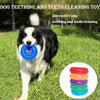 A black and white dog is interacting with a blue spiky squeaky toy for dog teething and teeth cleaning.