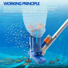 A pool jet vacuum cleaner set with a 4-section pole is shown sucking debris into a mesh net from water.