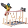 A multi-level bird activity center featuring a wooden perch and a hammock for birds.