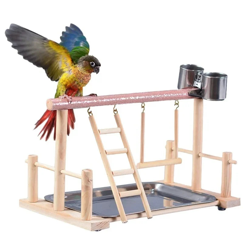A multi-level bird activity center featuring a wooden perch and a hammock for birds.