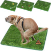 A brown dog is standing on a green artificial grass training mat with small toys scattered on the surface.