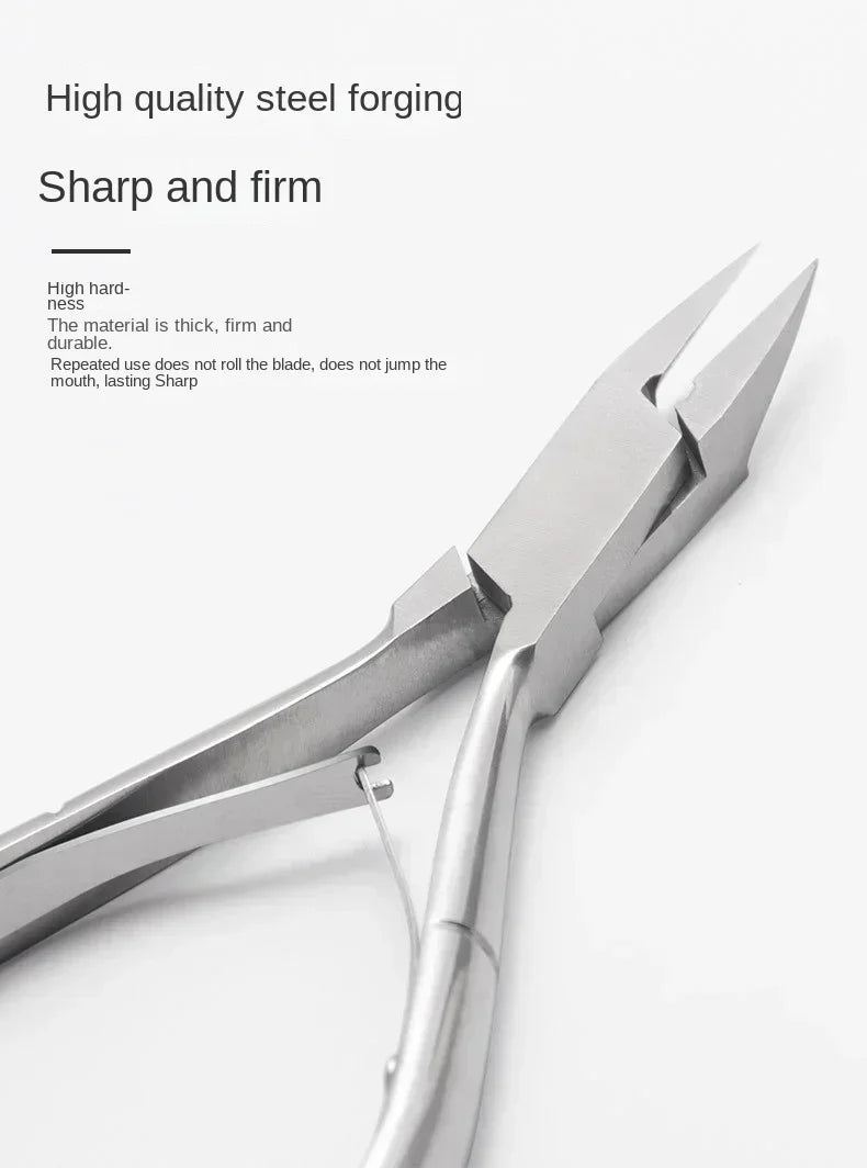 A close-up view of a silver precision stainless steel cuticle nipper tool.