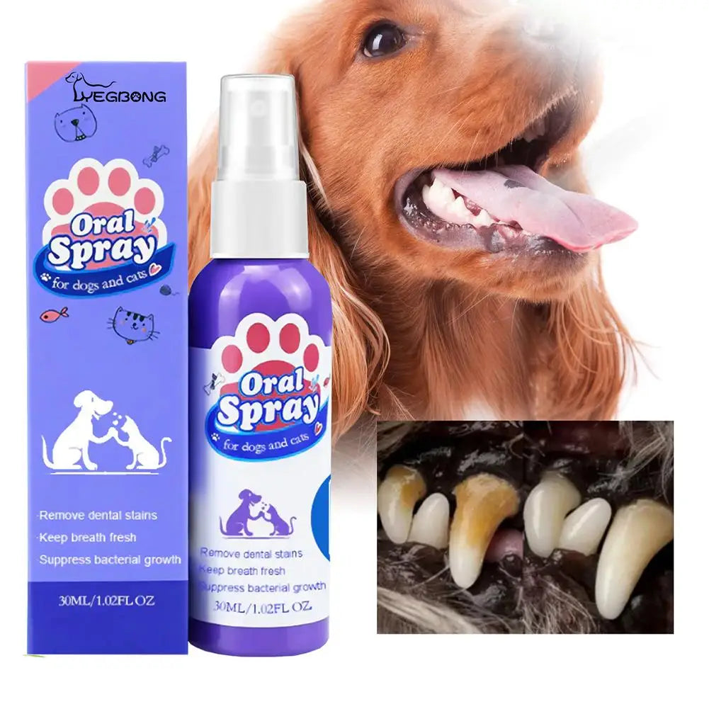 A purple oral spray bottle for dogs and cats next to a golden retriever, with dental teeth visible below.