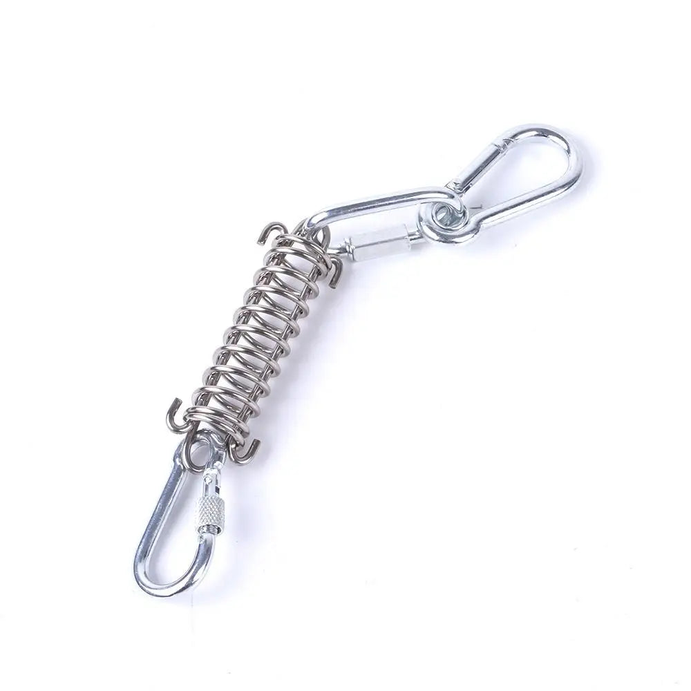 A silver dog spring pole toy with a hook and cotton rope.
