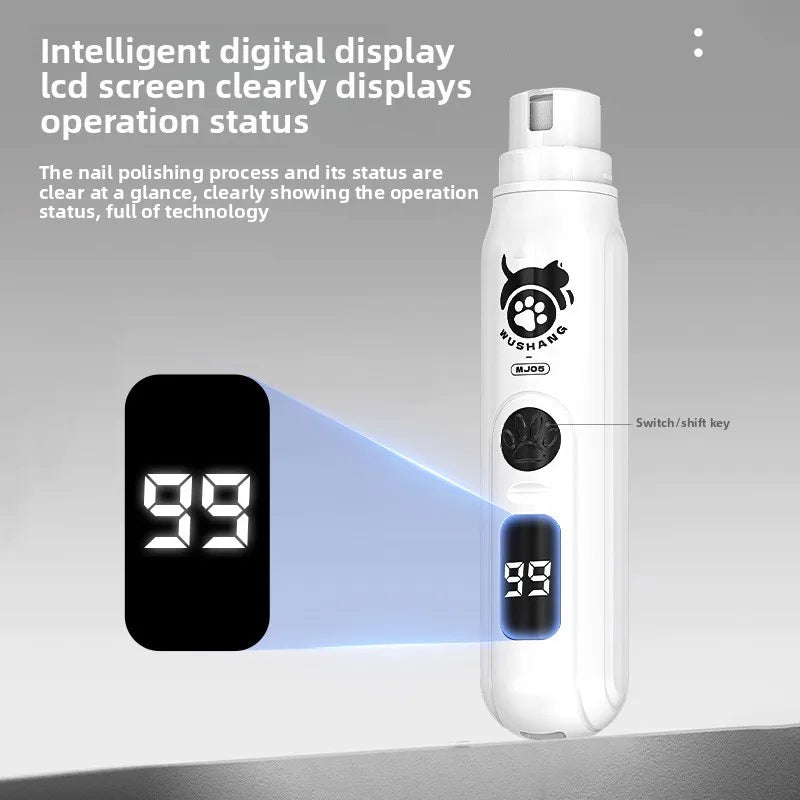 A white electric nail grinder with a digital display showing 99, demonstrating clear operation status.