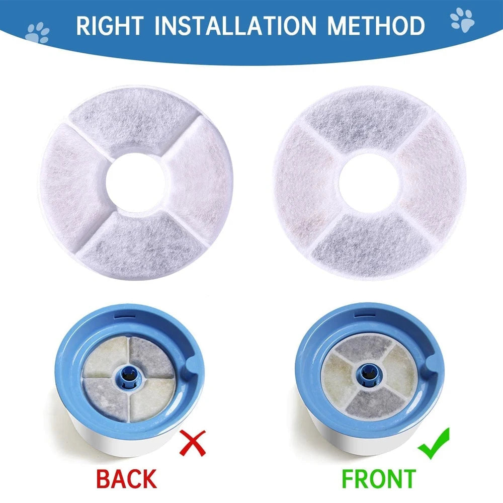 Diagramm, das die korrekte Front- und Rückinstallation des Filters für eine Haustier-Wasserfontäne zeigt
