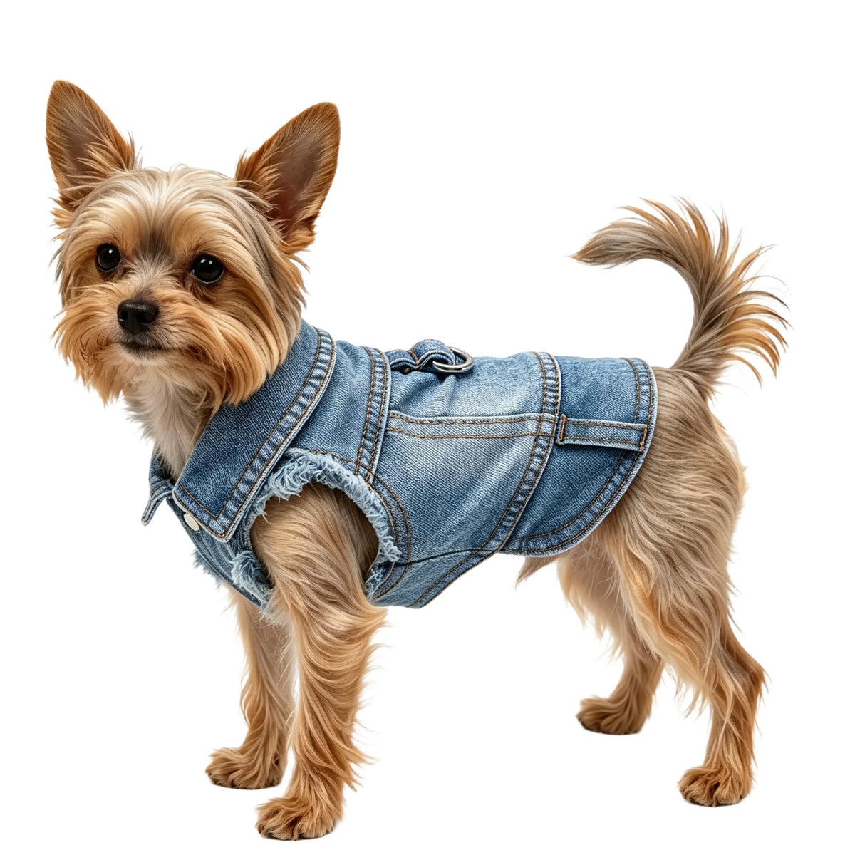 A small, light brown dog wearing a denim pet jacket.