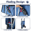 Instructions showing how to fold a blue pet stroller by pulling the buckle, pushing down to fold, folding flat, and completin