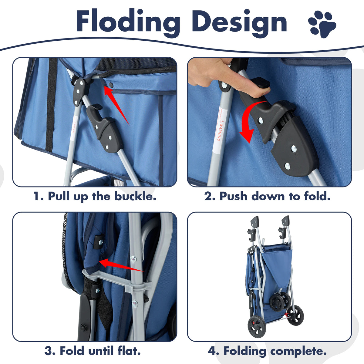 Instructions showing how to fold a blue pet stroller by pulling the buckle, pushing down to fold, folding flat, and completin
