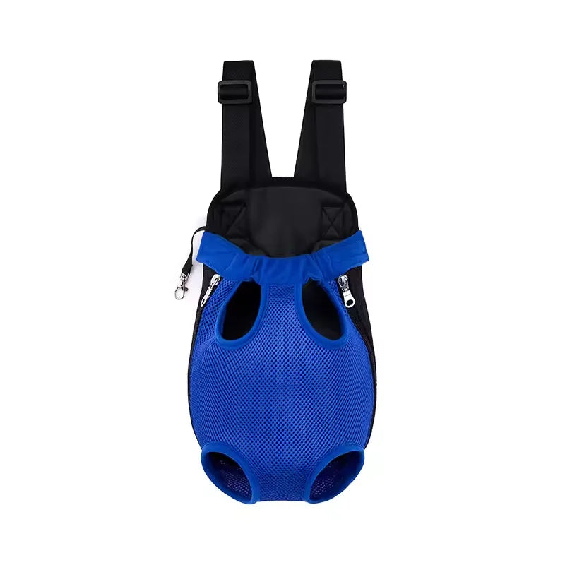 A bright blue breathable mesh pet carrier backpack with black straps.