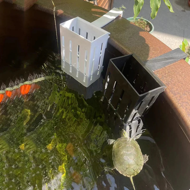 A wall-mounted white plant basket is placed in a water feature, with a turtle swimming nearby.