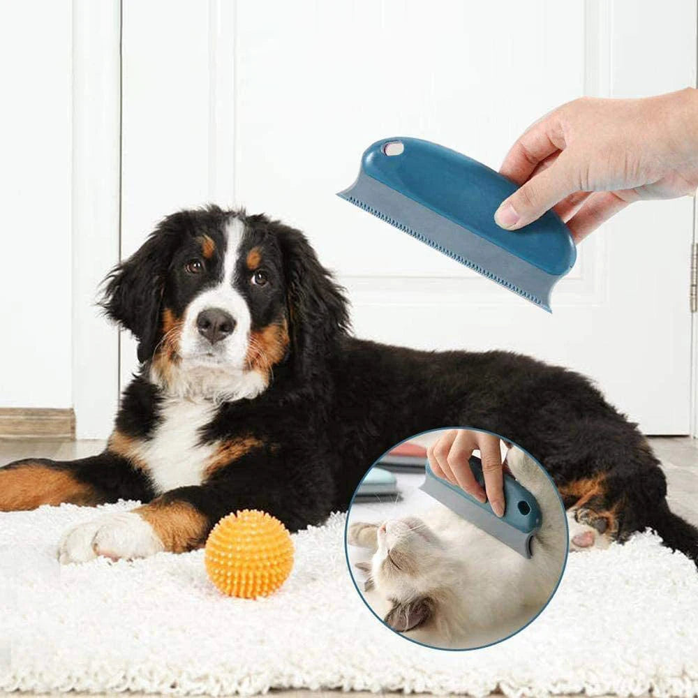 A hand is using a blue reusable pet hair remover brush on a dog's fur, demonstrating its use for pet hair removal.