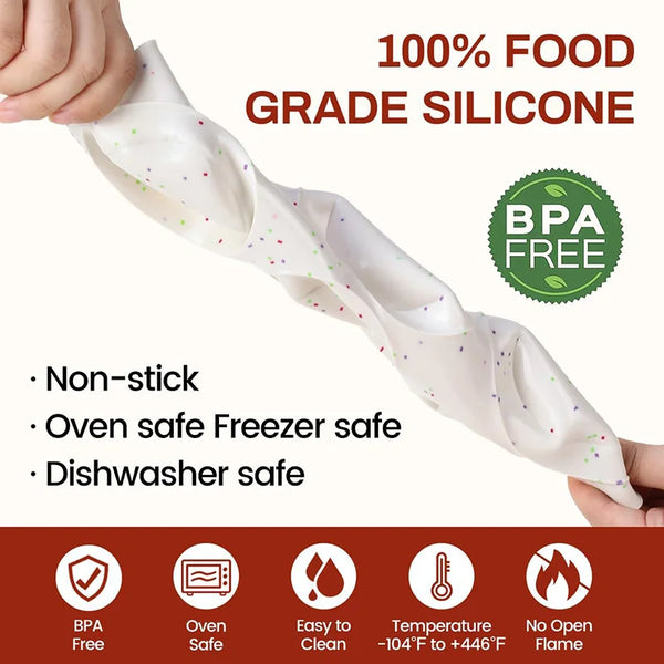 A hand holds a white silicone egg mold, highlighting its non-stick and oven safe features.