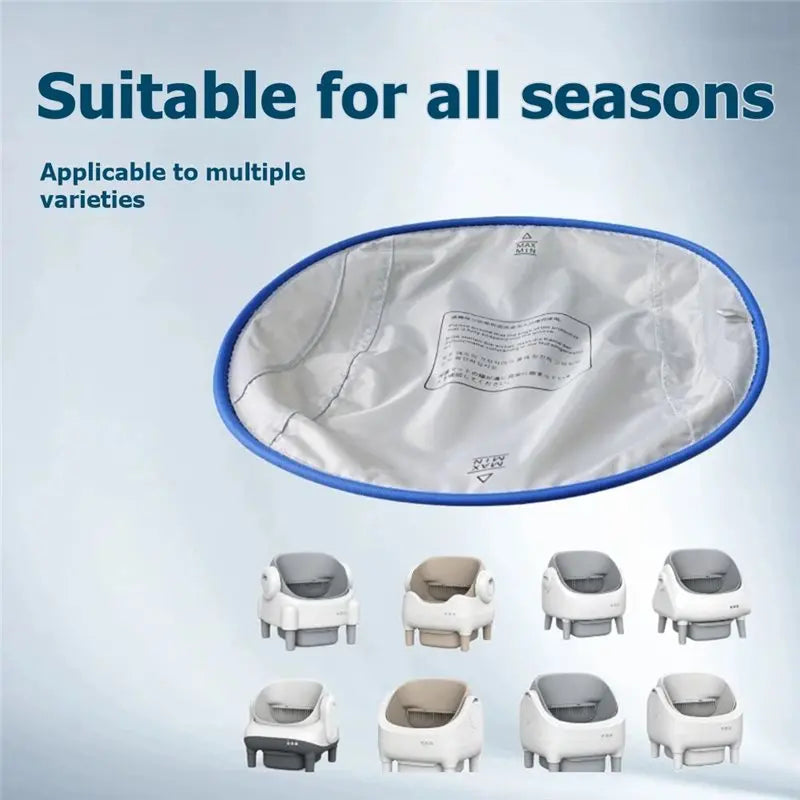 A white waterproof replacement liner for a litter box is shown with various sizes of litter boxes below it.